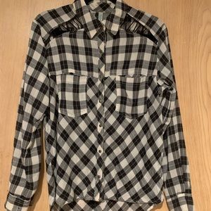 PLAID BLOUSE WITH LACE DETAIL and SNAP BUTTONS